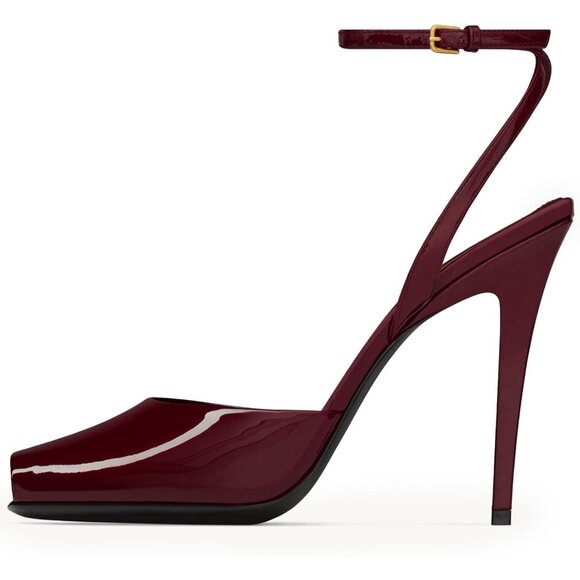 Maroon Womens Square Peep Toe Stiletto Heels Ankle Strap Backless Sandals - Picture 2 of 7